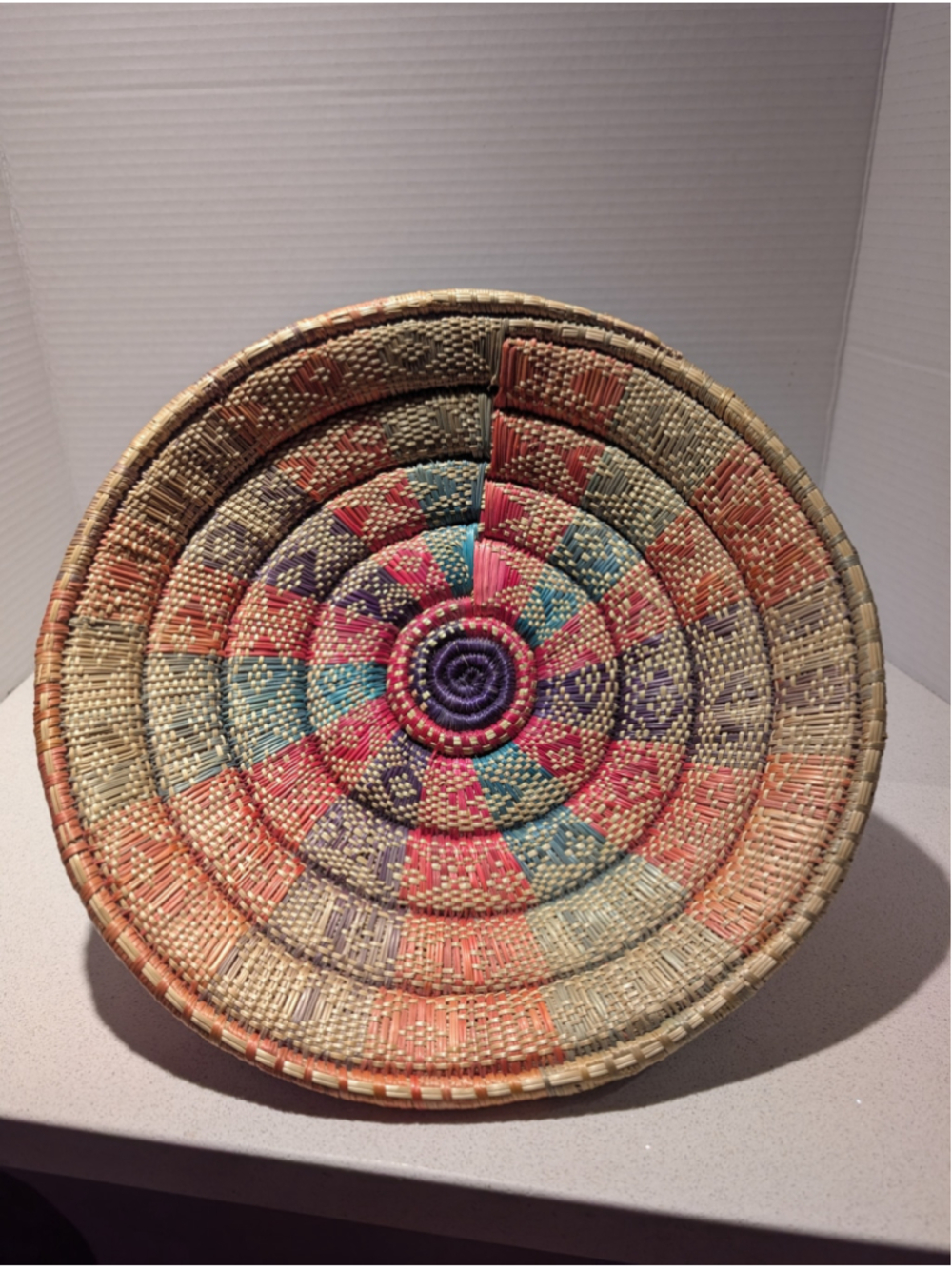 Vintage Handwoven Coiled Basket Bowl Geometric Folk Art Boho Decor